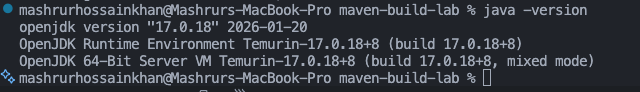 Terminal output showing Java 17.0.18 installed