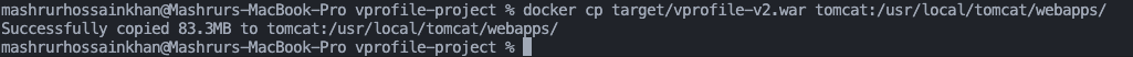 Terminal output showing the WAR file copied into the Tomcat container