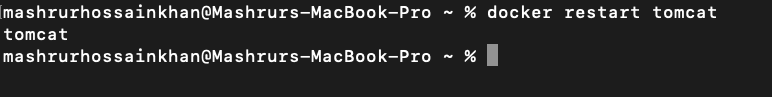 Terminal output confirming the Tomcat container restart