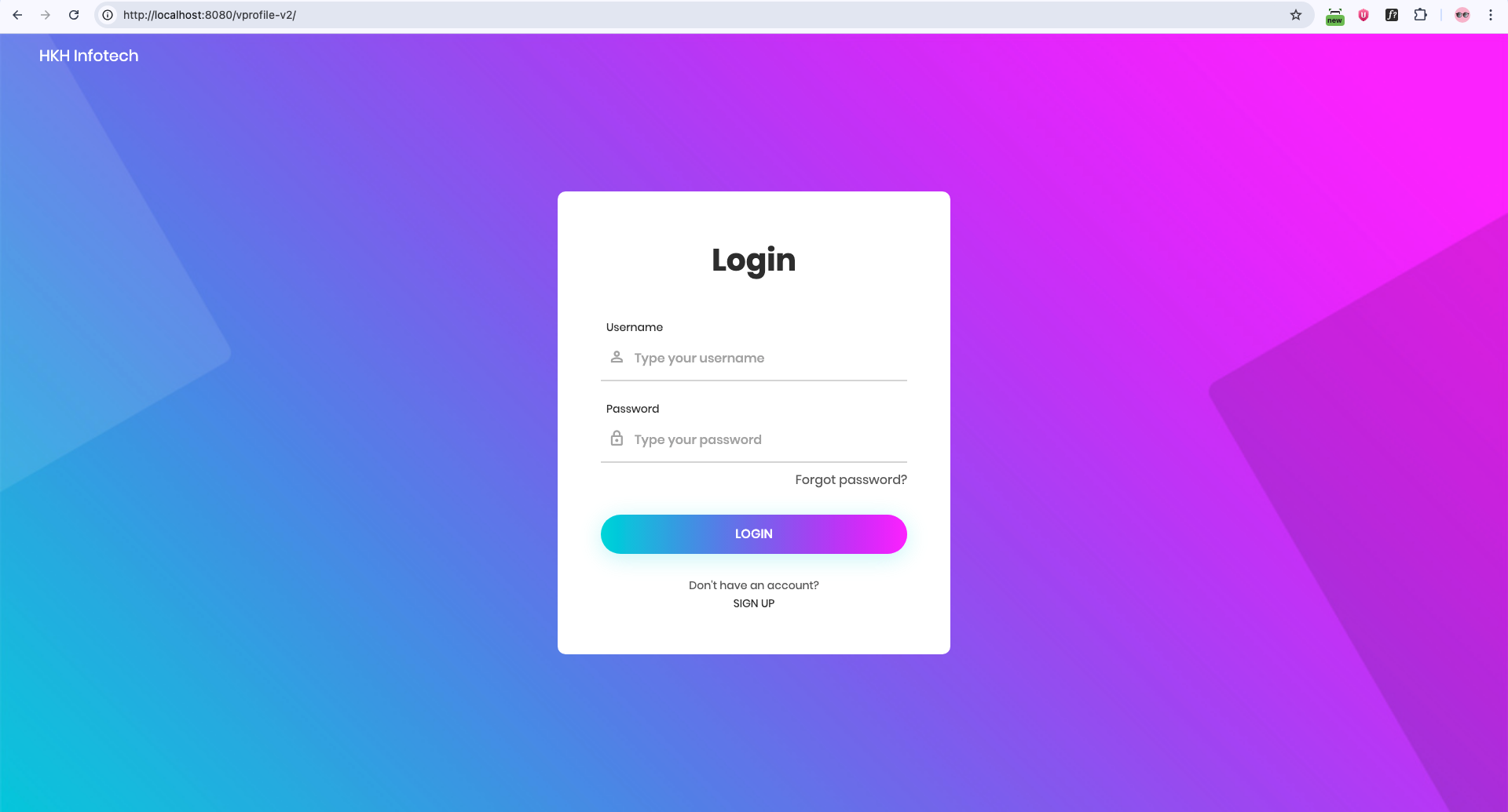 Browser showing the deployed vProfile login page on localhost port 8080