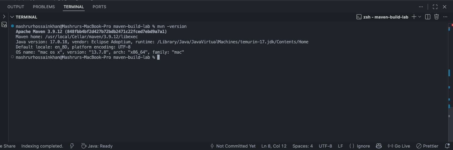 Terminal output showing Apache Maven 3.9.12 and Java 17
