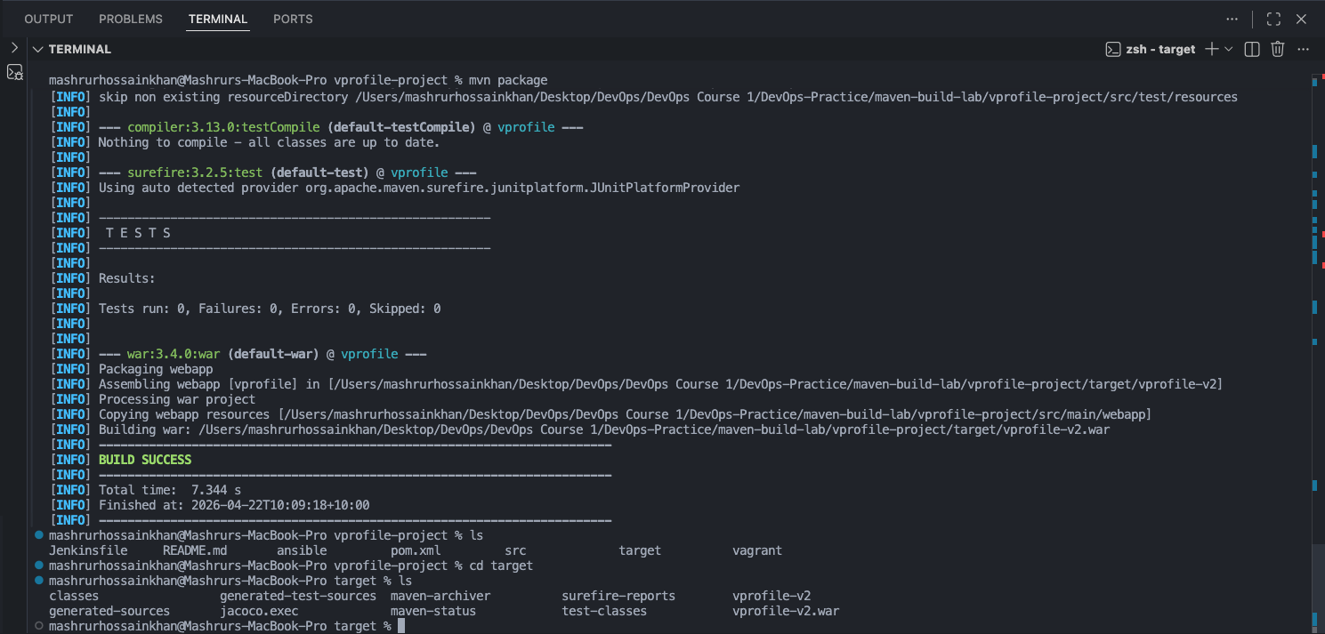 Terminal showing mvn package built vprofile-v2.war in target