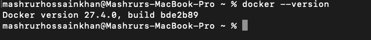 Terminal showing Docker version 27.4.0